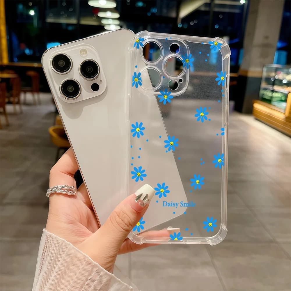 Custodia Antiurto per iPhone 17 16 15 14 13 12 11 Pro Xs Max Air 16e 17e 7 8 6s 6 Plus Mini X XR Daisy Smile Trasparente