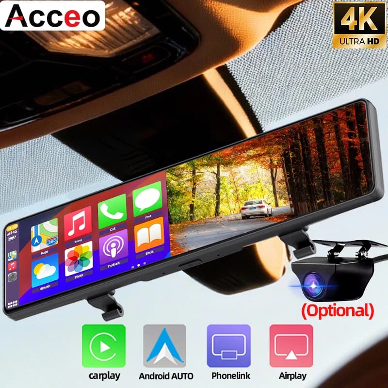 Dashcam Access 4K with Mirror Retrovisor, DVR for Cars with Android Auto and CarPlay Wireless, WiFi Integrated, Support Camera Rear 1080P