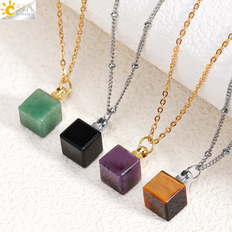 CSJA Natural Stone Perfume Necklace Square Pendant Cube Crystal Bottle Reiki Essential Oil Diffuse Necklace Women Jewelry H411