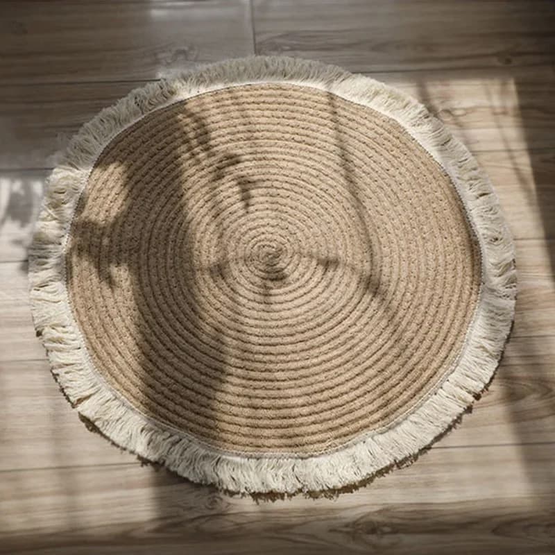 Tappeti Rotondi Intrecciati HeMu, Tappeto in Juta e Rattan Fatto a Mano con Nappe per Camera da Letto, Soggiorno, Arredamento Vintage, Tappetini per Pavimento e Ingresso