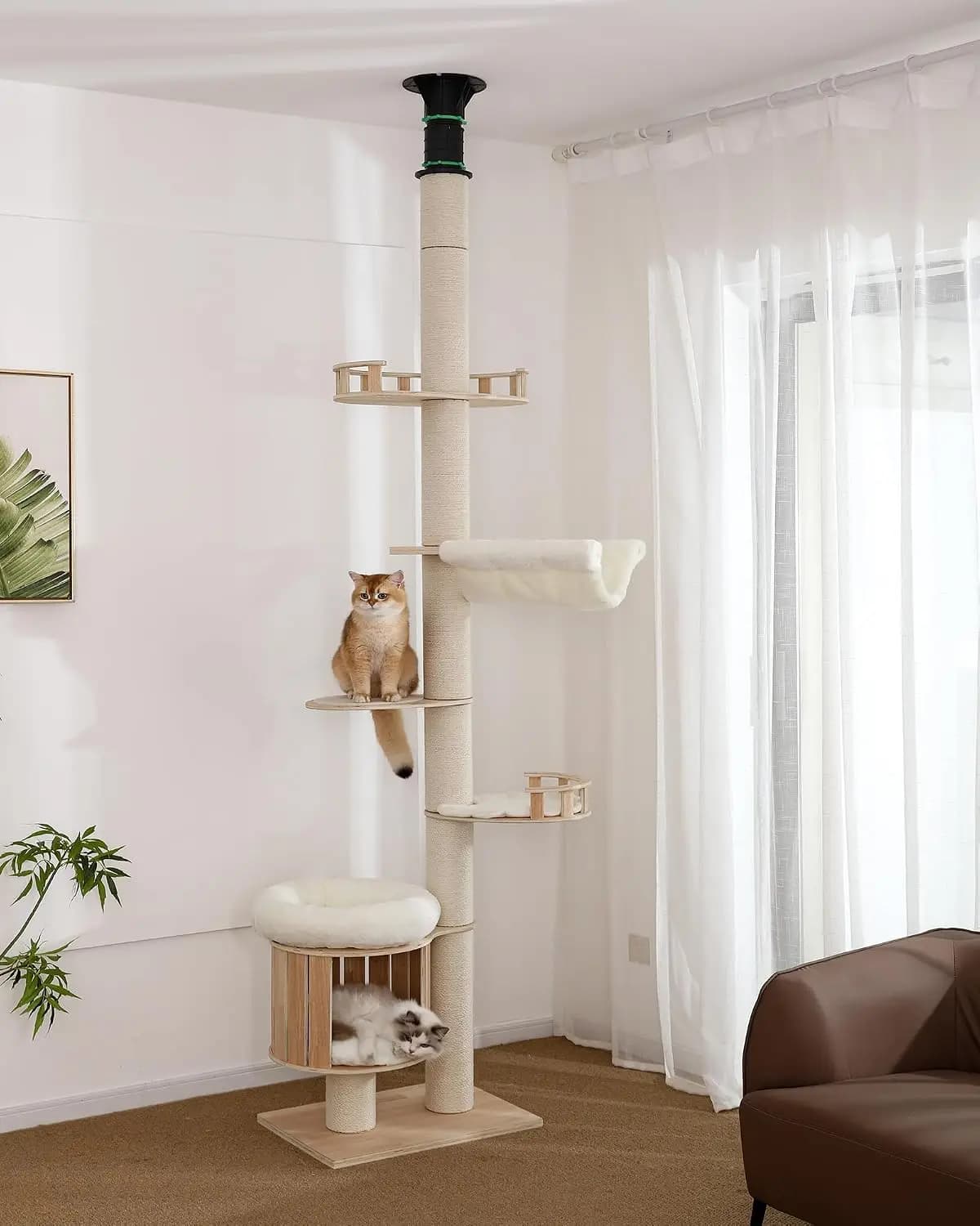 Floor to Ceiling Cat Tree for Indoor Cats, Adjustable Height (87-124in) Cat Climbing Tower with Cave Bed, Removable Cushions, Ha