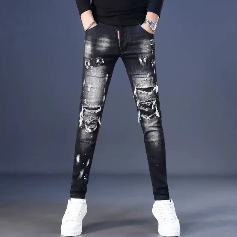 Jeans da Uomo di Design, Neri Strappati, Nuovi Pantaloni Elasticizzati con Patch per l'Autunno, Pantaloni Casual Slim alla Moda per Uomo
