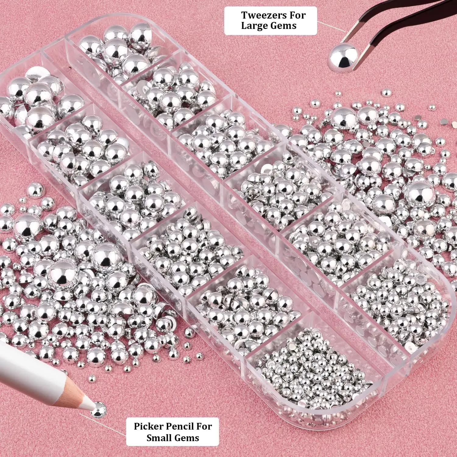 12 griglie 3D argento semicircolare perle pendenti per unghie + 2 strumenti 2-8mm perla caviale decorazioni per unghie artistiche fai da te punk cool accessorio per manicure