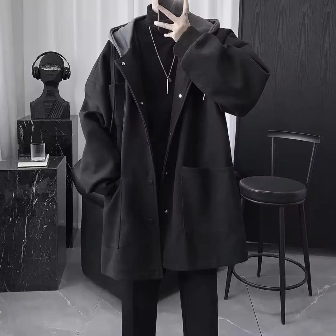 Men's Thickened Cotton Woolen Coat Autumn Winter Mid-Length Hooded Jacket British Style Handsome Casual Long Coat