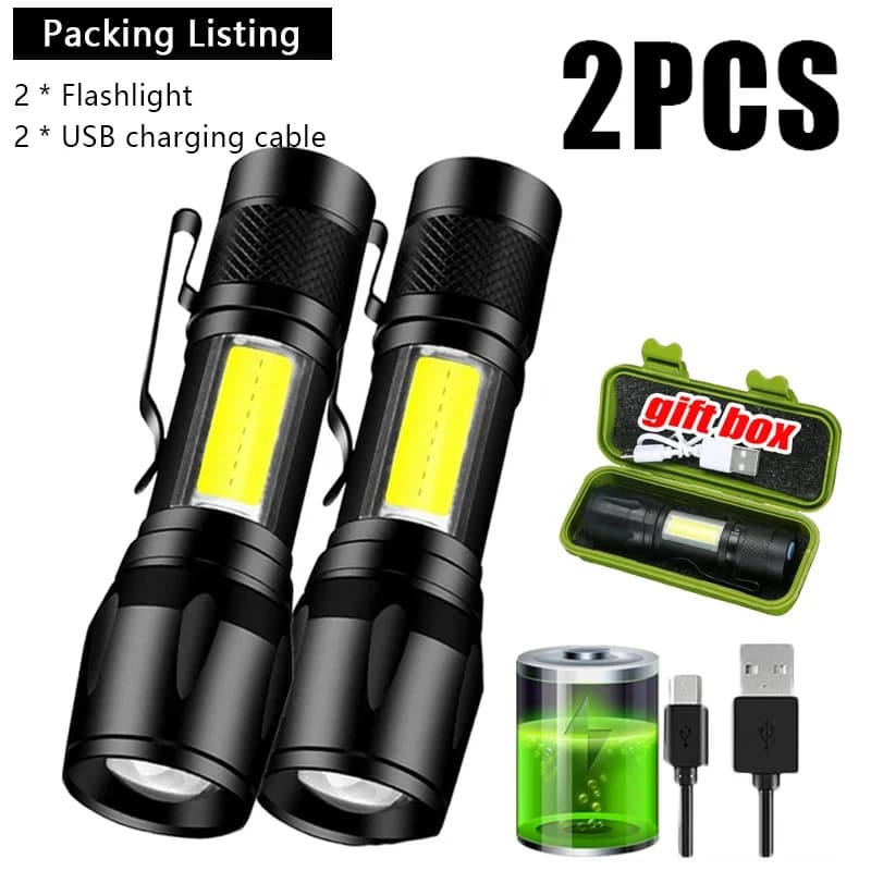 Mini COB LED Flashlight + XPE Portable USB Charging Flashlight Camping Tactical Flashlight with Zoomable Focus Light with Pen Clip