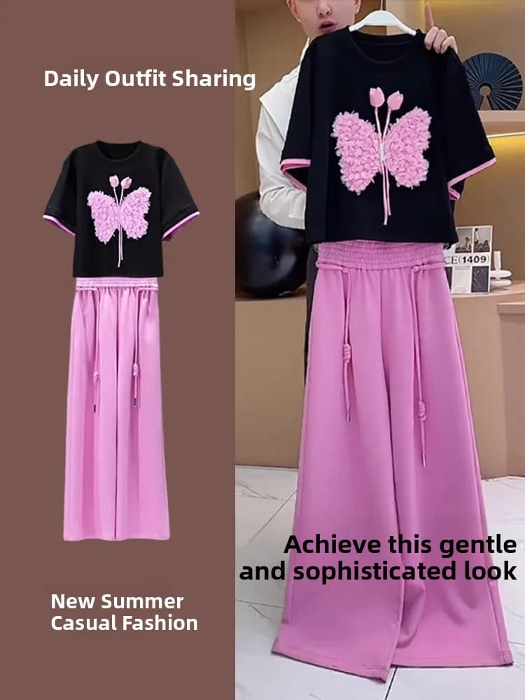 Summer 2026 Fashionable Short Sleeve Casual Set Women's Trendy Street Sportswear Anti-Aging Wide Leg Pants Two-Piece Set