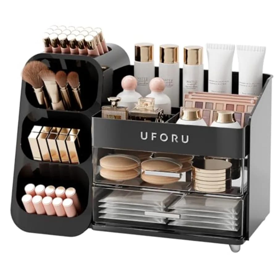 Organizzatore per Trucchi da Toeletta con Porta Pennelli, Organizer da Banco per Skincare con 2 Cassetti, Spaziosa Vetrina Espositiva per Cosmetici