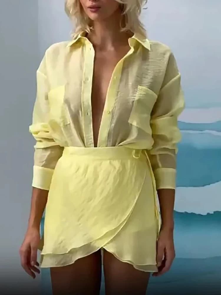 Camicia da donna estiva Set Minigonna con fasciatura gialla Top con colletto rovesciato, Abito casual da spiaggia in due pezzi Abito da vacanza sottile Chic