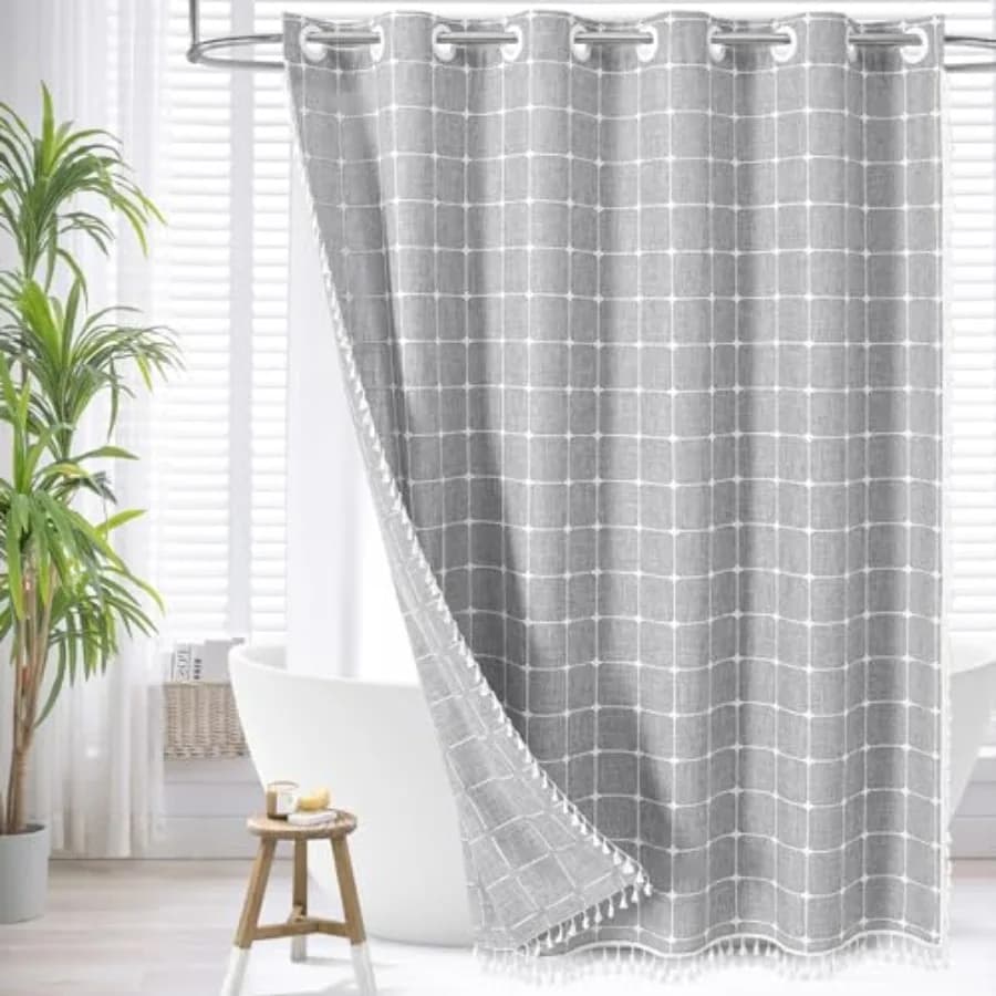 Tenda da Doccia Boho Farmhouse Senza Ganci con Fodera a Incastro, Tende da Doccia in Cotone e Lino con Nappe per Stile Rustico