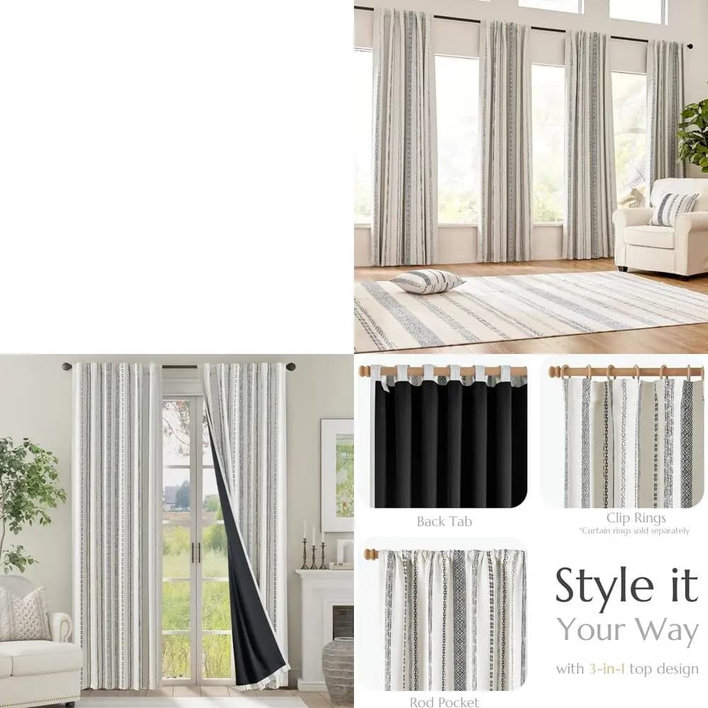 Tende Oscuranti Lunghe 90 Pollici, Drappeggi Isolanti Bohemien con Stampa Geometrica Nera su Beige, Attacco a Linguetta per Asta, Oscuramento Stanza, 2 Pezzi