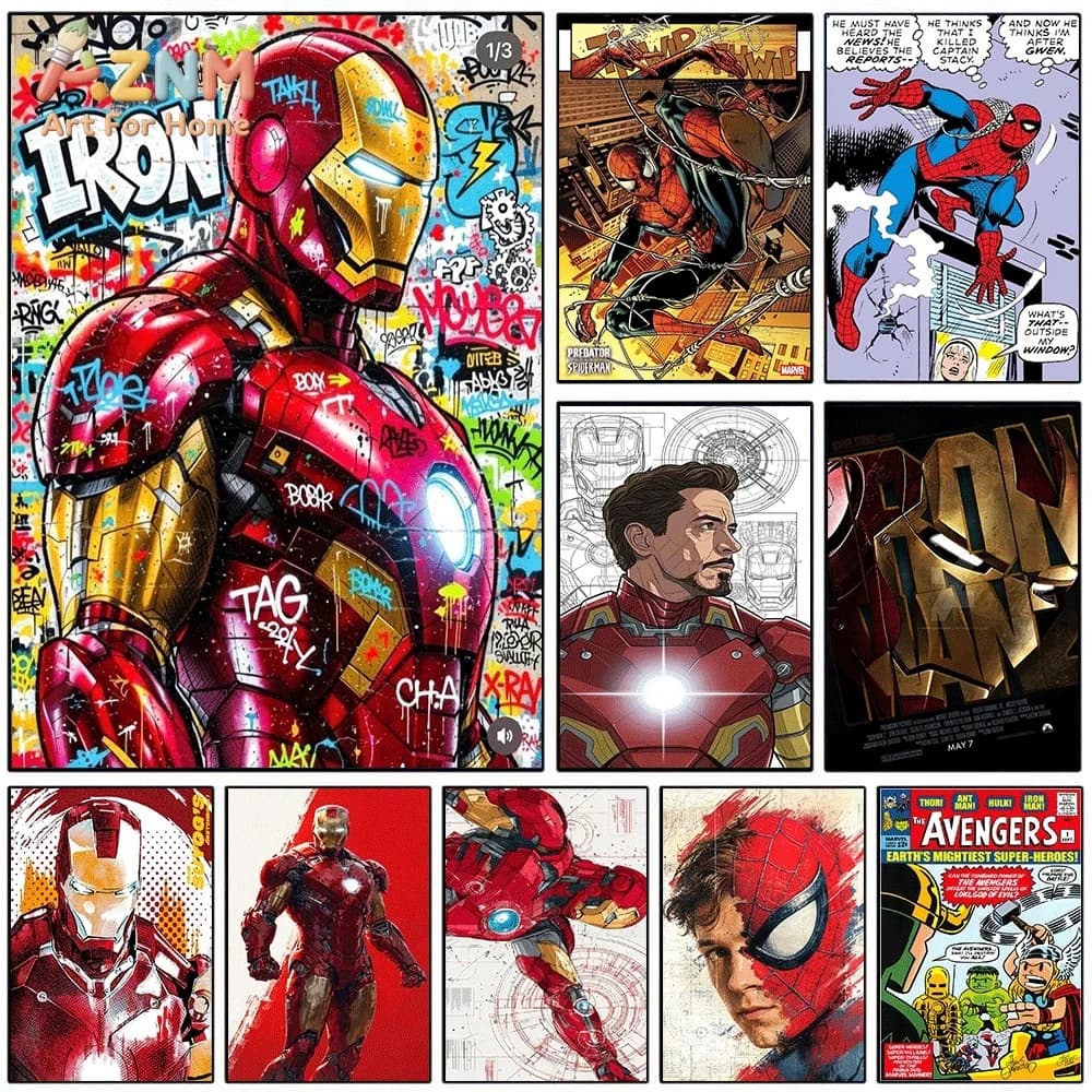Iron Man Graffiti Style Marvel Superhero Canvas Wall Art Spider‑Man Avengers Blueprint Comic Unframed Canvas Print for Boys Bedr