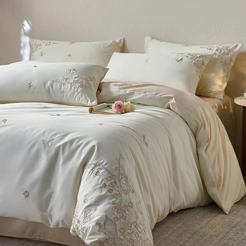 Elegante Set di biancheria da letto ricamo mughetto 600TC Set copripiumino in cotone egiziano lenzuolo/federe con angoli 4 pezzi