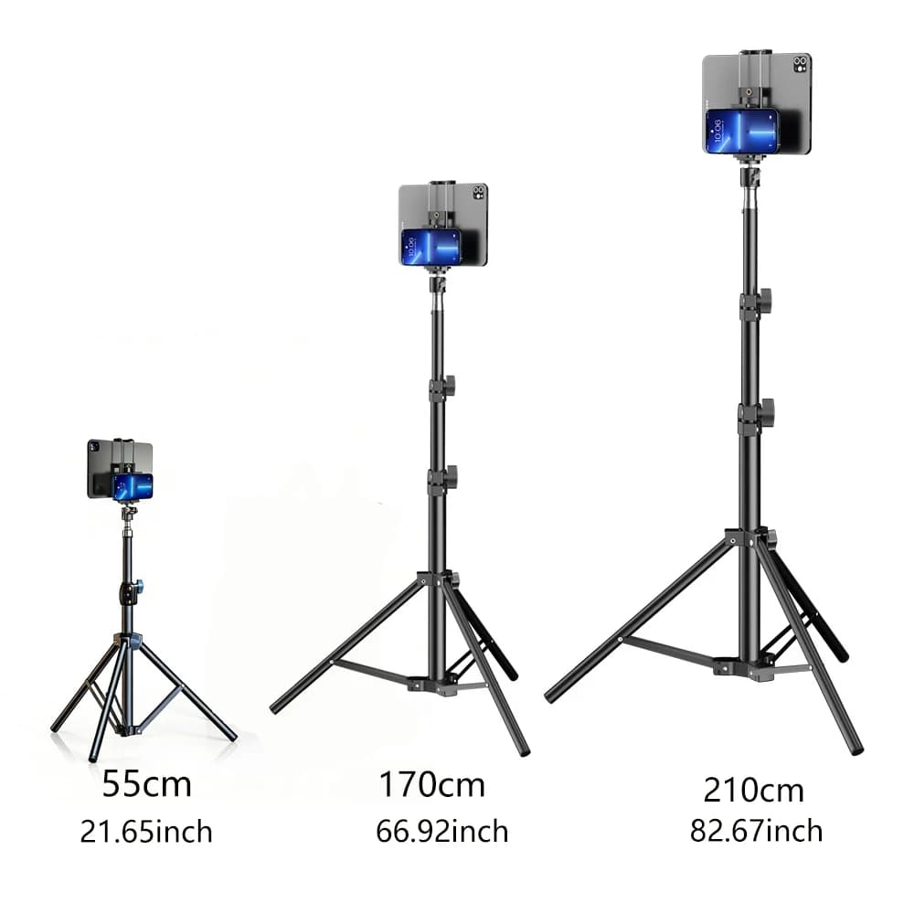 Telescopic Tripod Holder Measuring 55cm-210cm Dual Clips for iPhone Samsung Xiaomi iPad - Adjustable Height Mount Stand