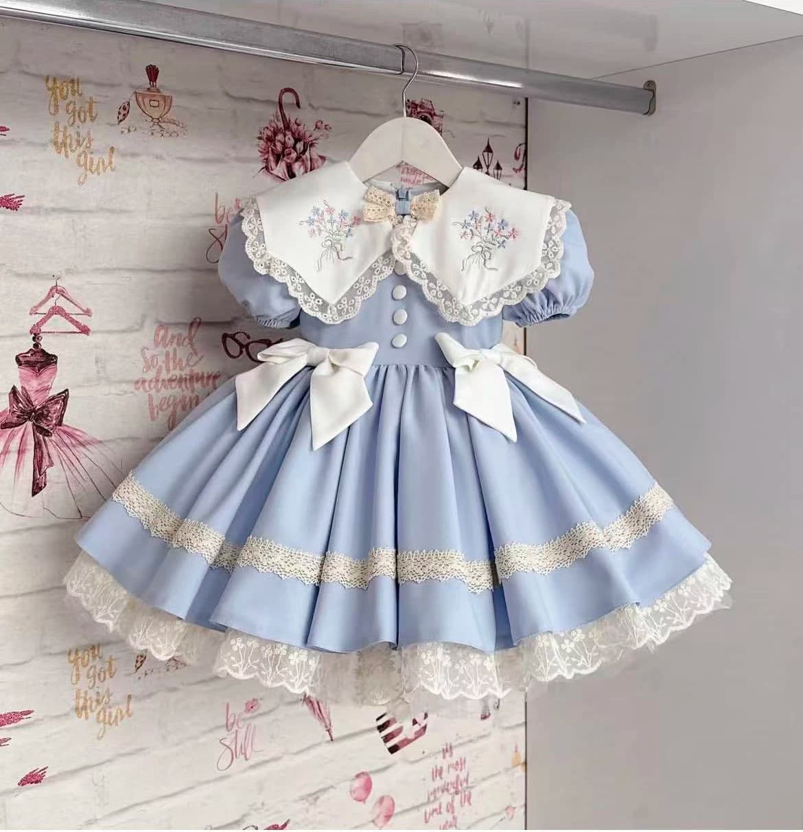 0-12Y Baby Girl Summer Light Blue Embroidery Vintage Princess Dress for Birthday Photography Holiday Eid B522
