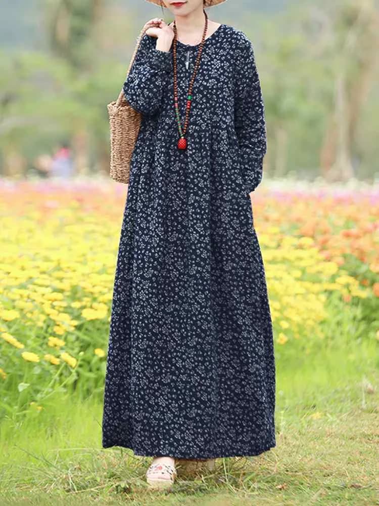 Women's Vintage Floral Dress 2025 ZANZEA Autumn Bohemian Long Dresses Casual Long Sleeve Maxi Dresses loose Femme Oversize