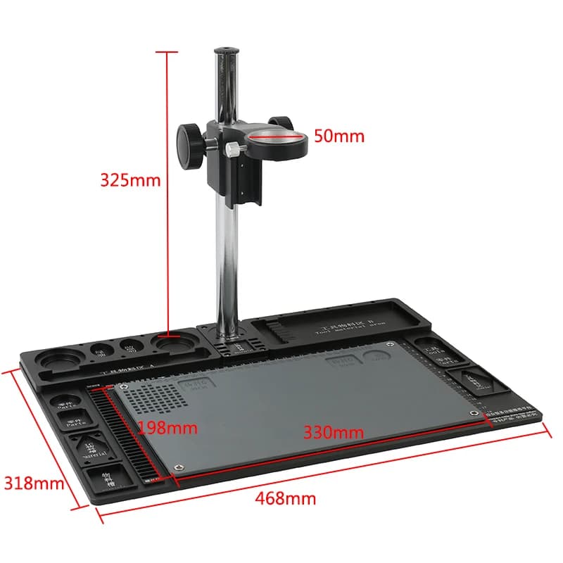 Banco da lavoro multifunzione in alluminio Obiettivo zoom da 50 mm Supporto base di grandi dimensioni Supporto per messa a fuoco da 76 mm Staffa per microscopio stereo