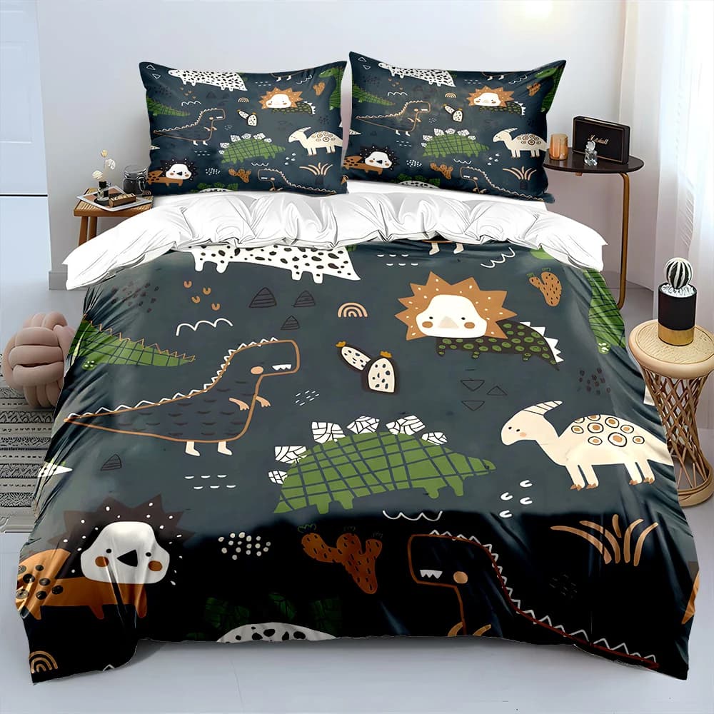 Set di biancheria da letto con stampa di dinosauri dei cartoni animati e motivi vegetali, 1 copripiumino, 2 federe per adulti e bambini, regalo di lusso, misura completa