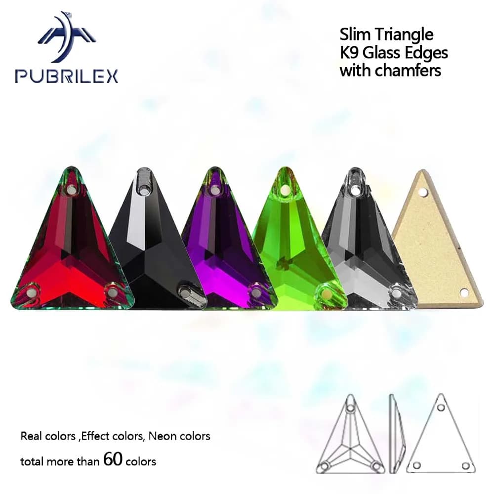 Strass triangolari sottili Pubrilex da cucire, in vetro con retro piatto, per decorazione di abiti da pattinaggio artistico e tute da ginnastica