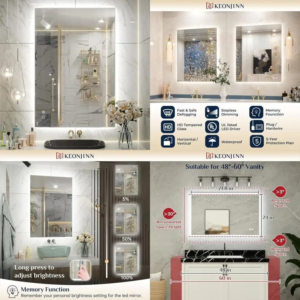 Specchio da bagno a LED antiappannamento retroilluminato, 24x40 pollici, vetro temperato CRI90+ HD, dimmerabile, ad alto lume, impermeabile, certificato UL, Vertica