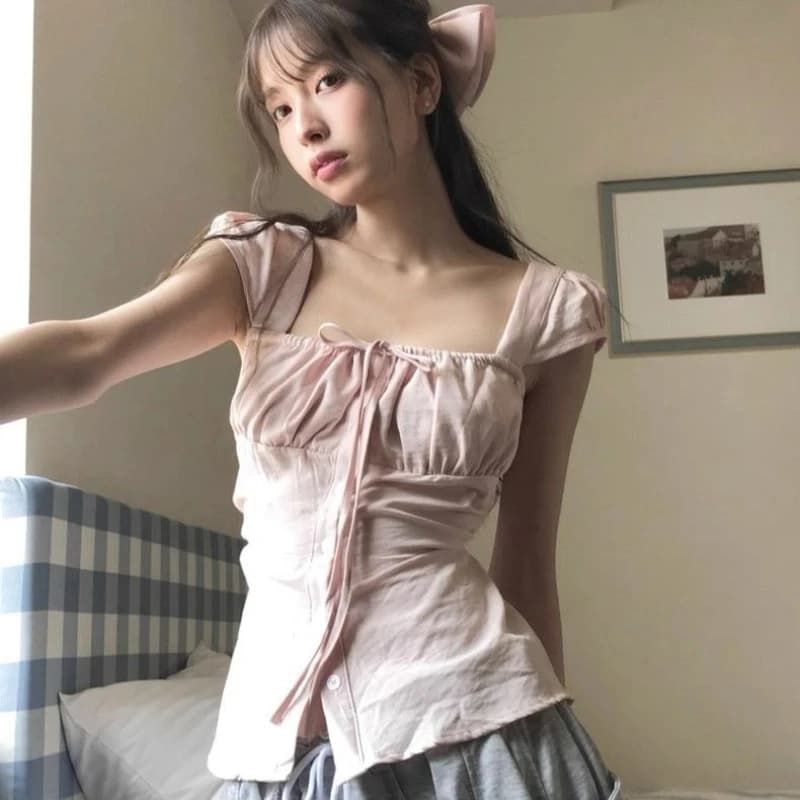 T-shirt in Stile Coreano Dolce per Donne, Magliette Estetiche Rosa Eleganti con Fiocco Kawaii, Moda Coquette Slim Fit