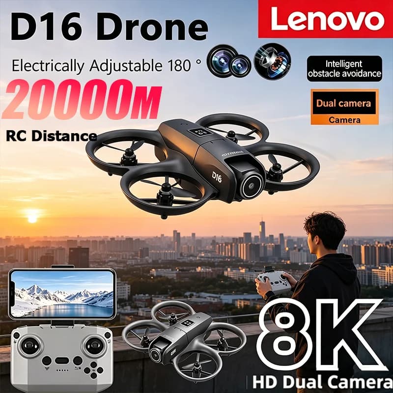 Drone Lenovo 8K D16 Mini GPS Professionale con Motore Brushless 180 ° Quadricottero RC con Doppia Telecamera HD Regolabile e Sistema di Evitamento Ostacoli, 20000m