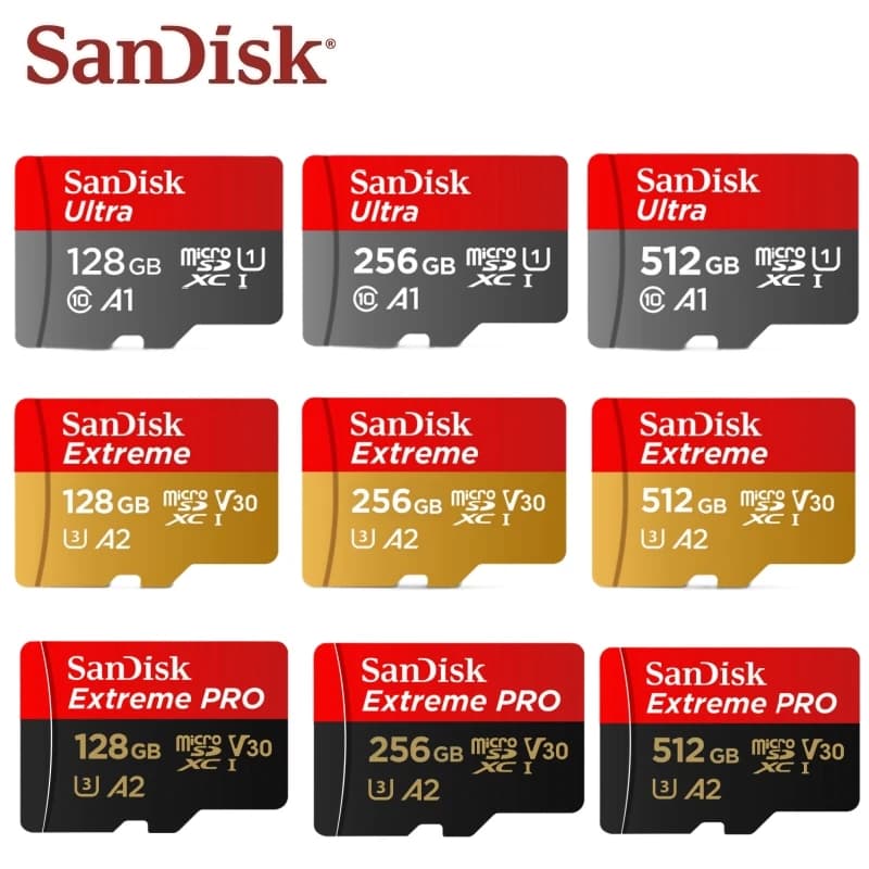 100% Original SanDisk Micro SD Card A1 A2 Memory Card 32GB 64GB 128GB 256GB 512GB 1TB microSD TF Card Storage UHS-I Cards U1 U3