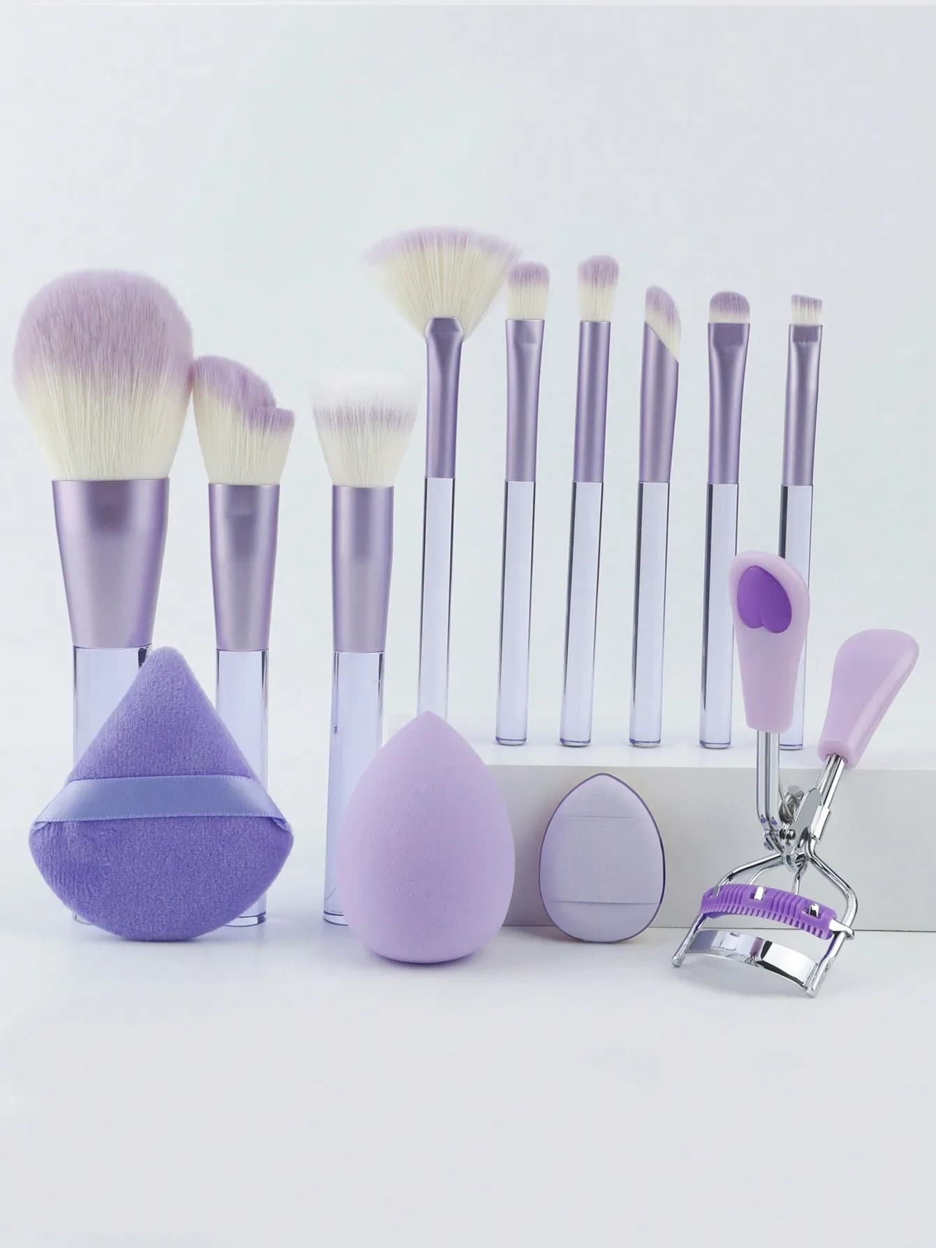 10Pcs Purple Makeup Brushes Kit Soft Blush Eyeshadow Brush With Beauty Blender Powder Puff Eyelash Curler Cosmetic Tools