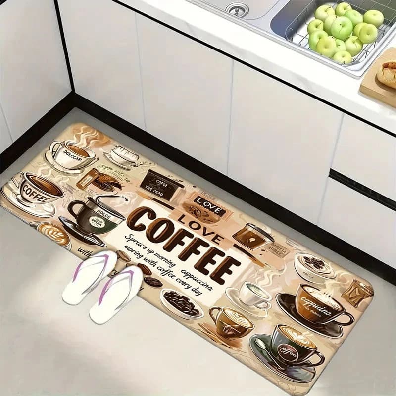 Retro Coffee Themed Kitchen Runner Rug Cappuccino Latte Cup Pattern Non Slip Washable Long Entryway Floor Mat Bedroom Carpet