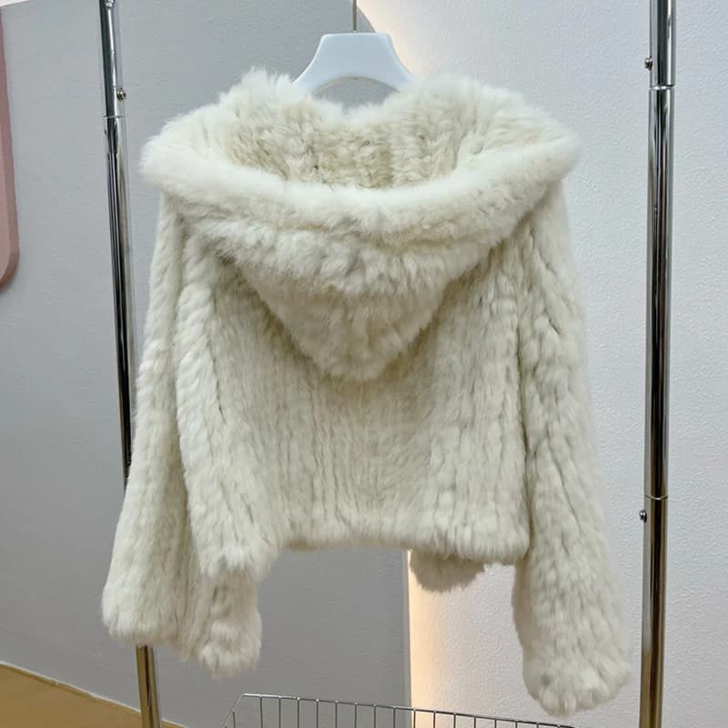 Cappotto con cappuccio in vera pelliccia di coniglio a maniche lunghe da donna Casual giacca in vera pelliccia lavorata a maglia allentata con cappuccio Capispalla femminile in pelliccia naturale