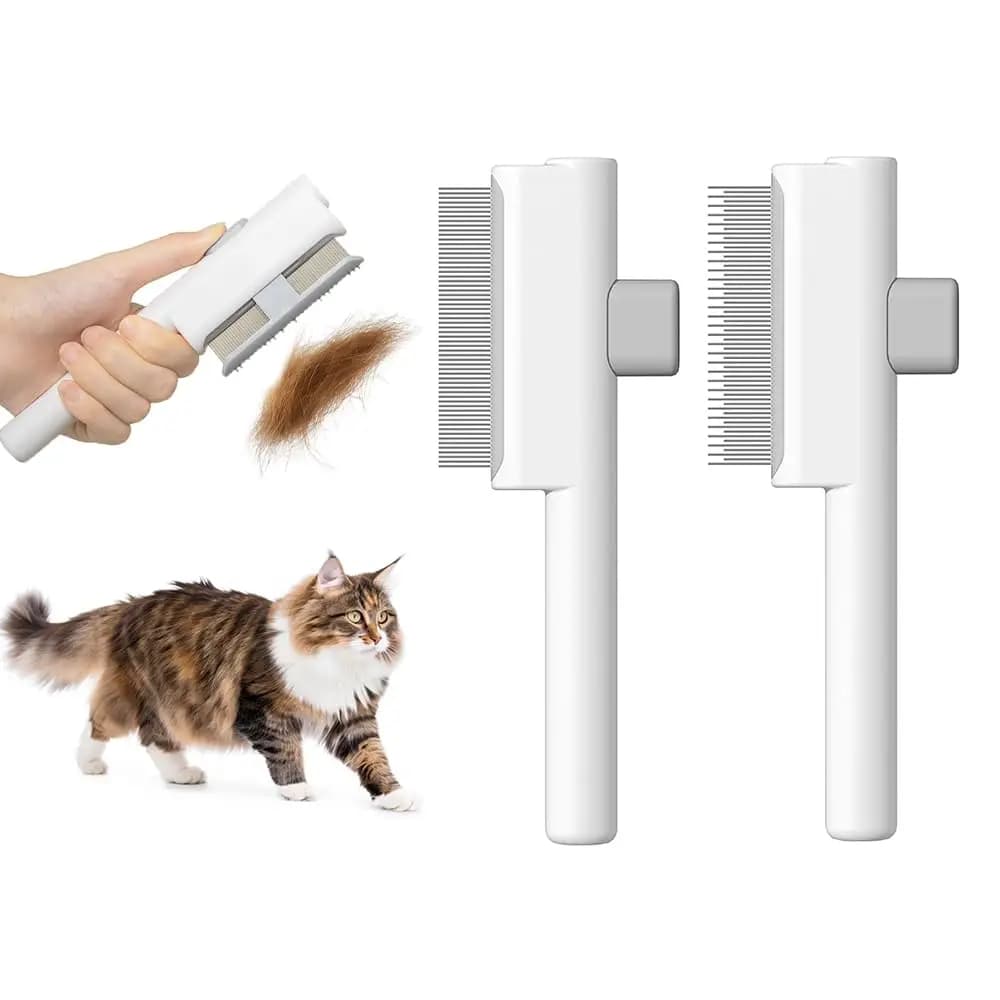 Set di 2 pettini per animali domestici, per cani e gatti, spazzola autopulente con denti in acciaio inossidabile, rimuove peli e nodi, bianco