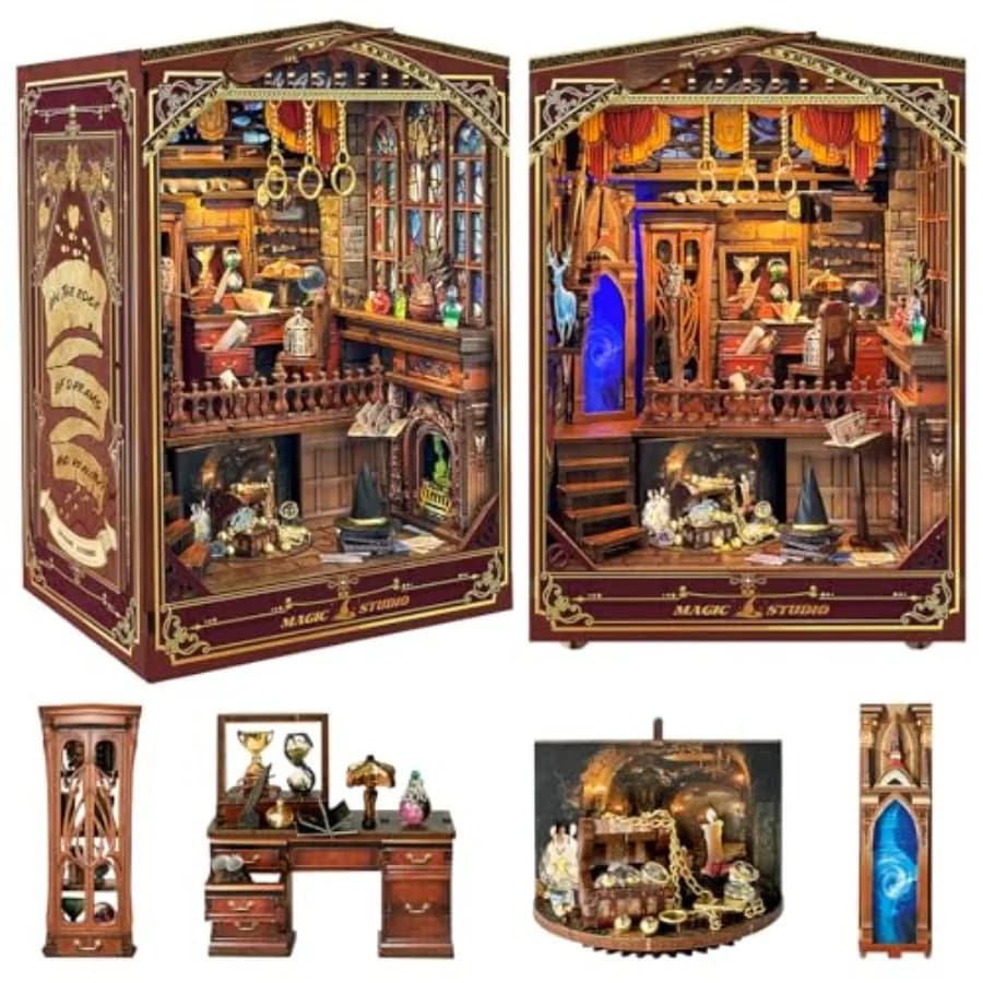 Kit Book Nook Fai-da-Te, Casa in Miniatura, Puzzle 3D in Legno con Luci LED e Copertura Antipolvere per Libreria, Artigianato in Legno per Adulti e Famiglie