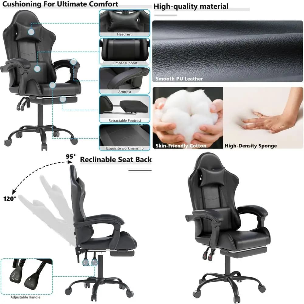 Ergonomic High-Back Gaming Chair with Lumbar Support and Adjustable Swivel for Comfortable Home Office Use (Black)