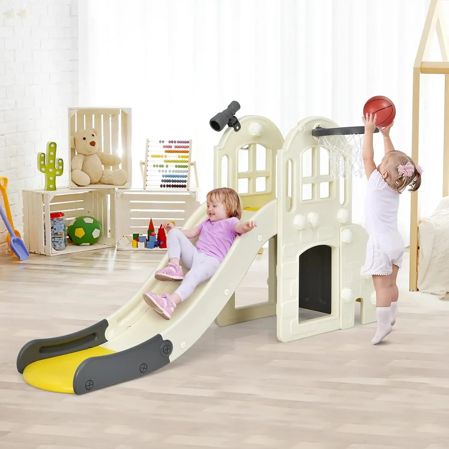 Scivolo grande per bambini, scivolo 6 in 1 per bambini con canestro da basket, lancio dell'anello, modo di arrampicata convertibile 2 in 1, bambini indipendenti S