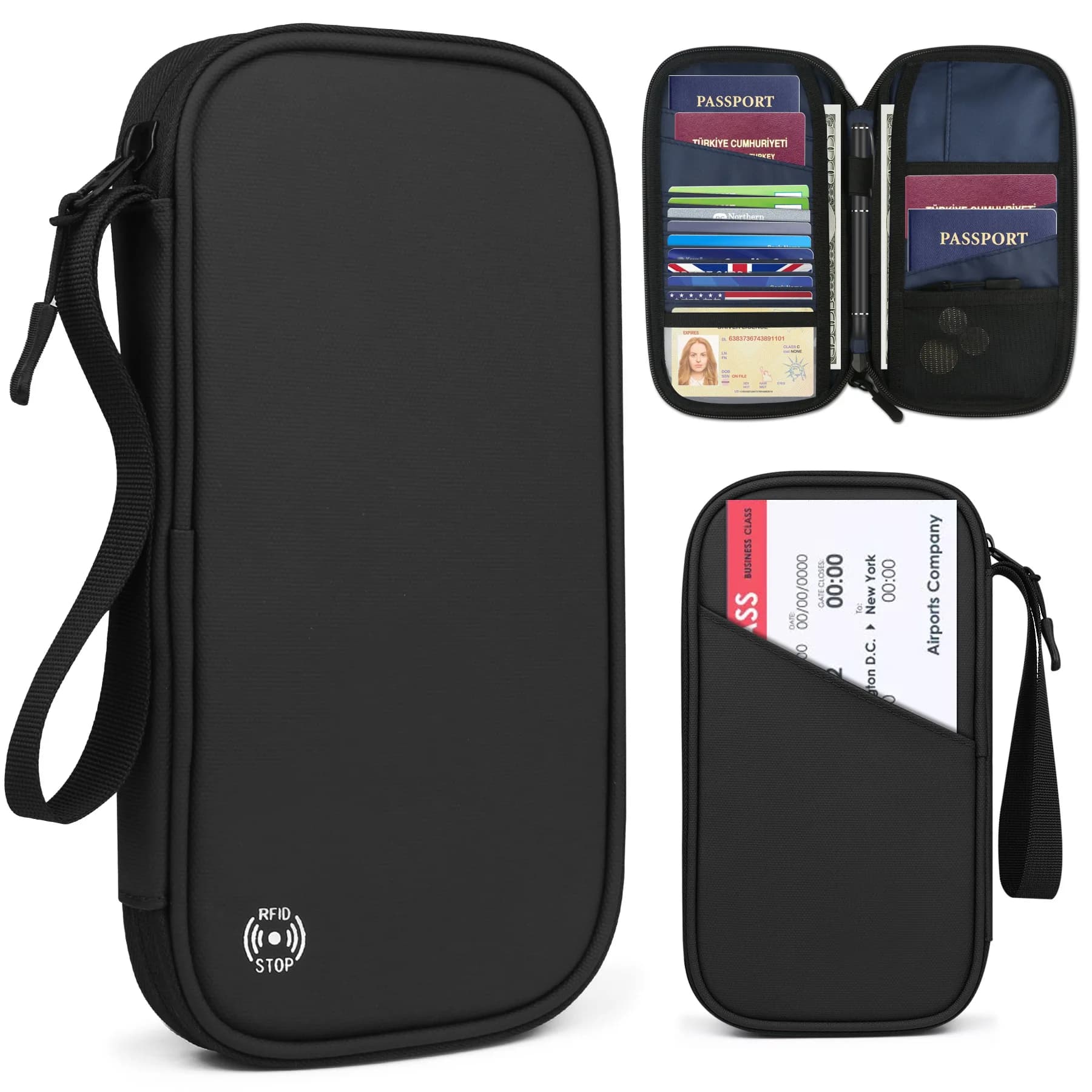 Portafoglio da viaggio, porta passaporto con clip per carte, borsa a tracolla inclinata, porta passaporto con portamonete e scomparto per carte