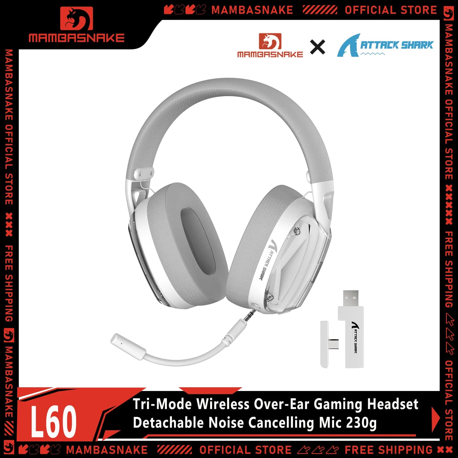 ATTACK SHARK L60 Cuffie da gioco over-ear wireless, driver da 40 mm, microfono staccabile con cancellazione del rumore, cuscinetti auricolari in memory foam