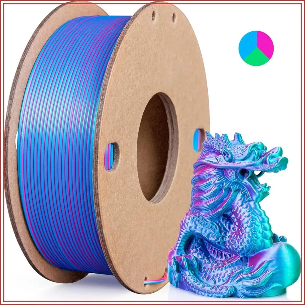 Filamento PLA Tricolore Effetto Seta 1.75mm, Multicolore Lucido Coestruso 3-in-1, Bobina da 250g, Rosso Rosa/Azzurro/Verde