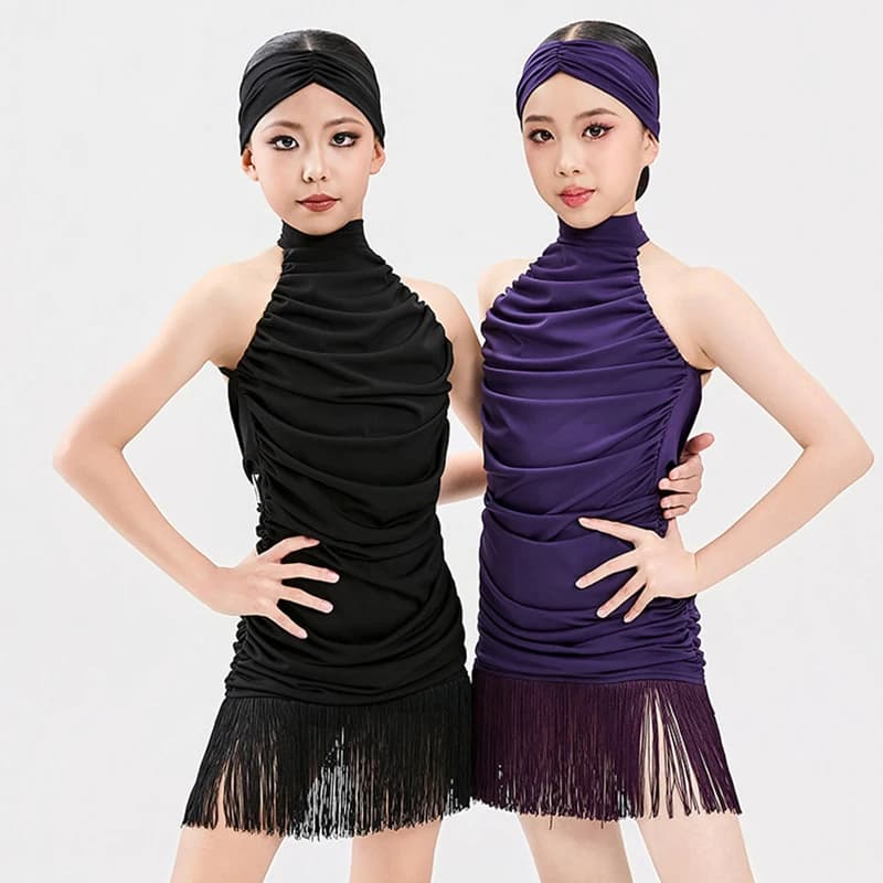 Abito da ballo latino per bambine 2026, nero con schiena scoperta e frange, vestito da palcoscenico per esibizioni di Cha Cha Salsa, abbigliamento da ballo 5342