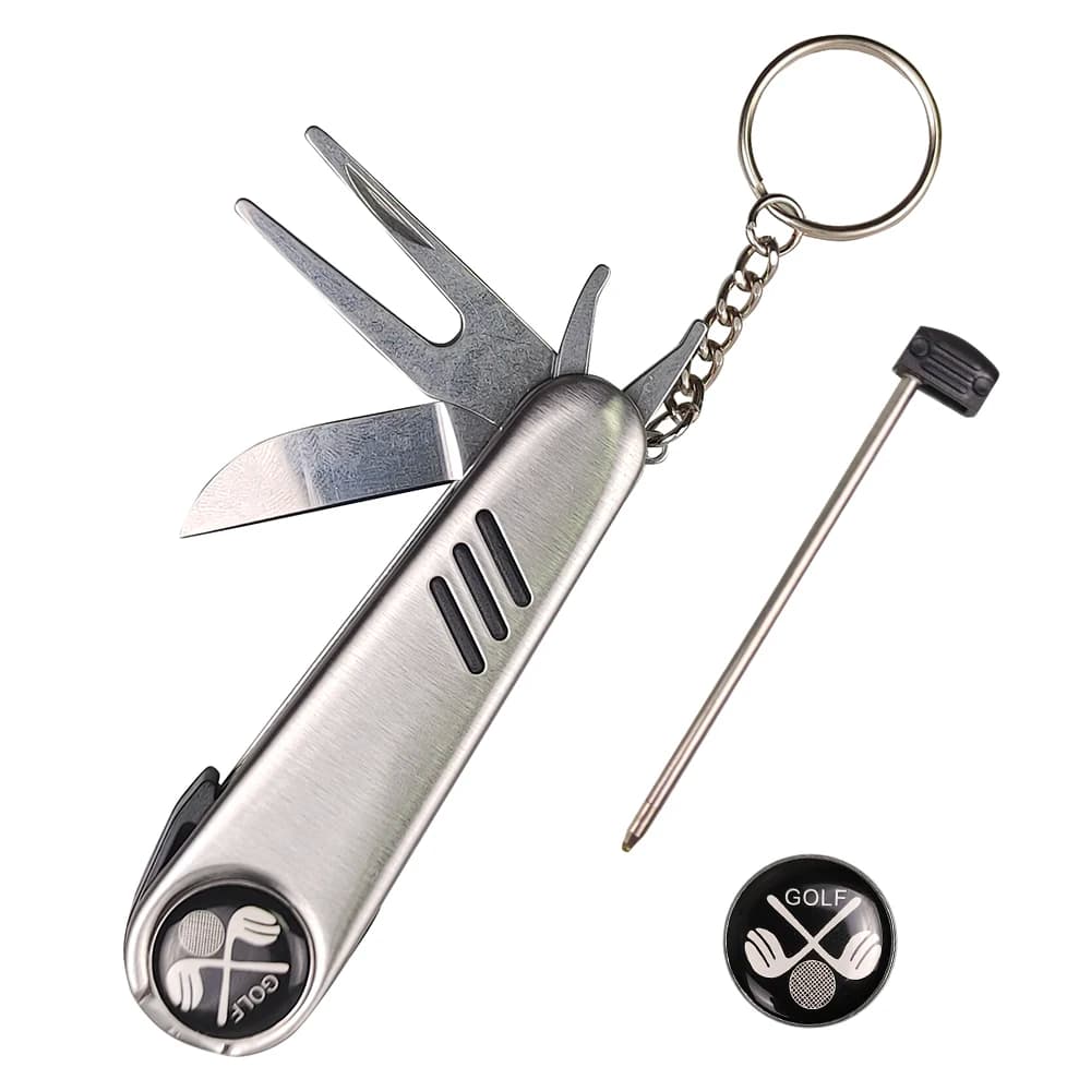 Strumenti da golf multifunzione Segno magnetico per palline Spazzola pulita Penna per punteggio Golf Divot Mazze da golf Acciaio inossidabile con chiave a coltello