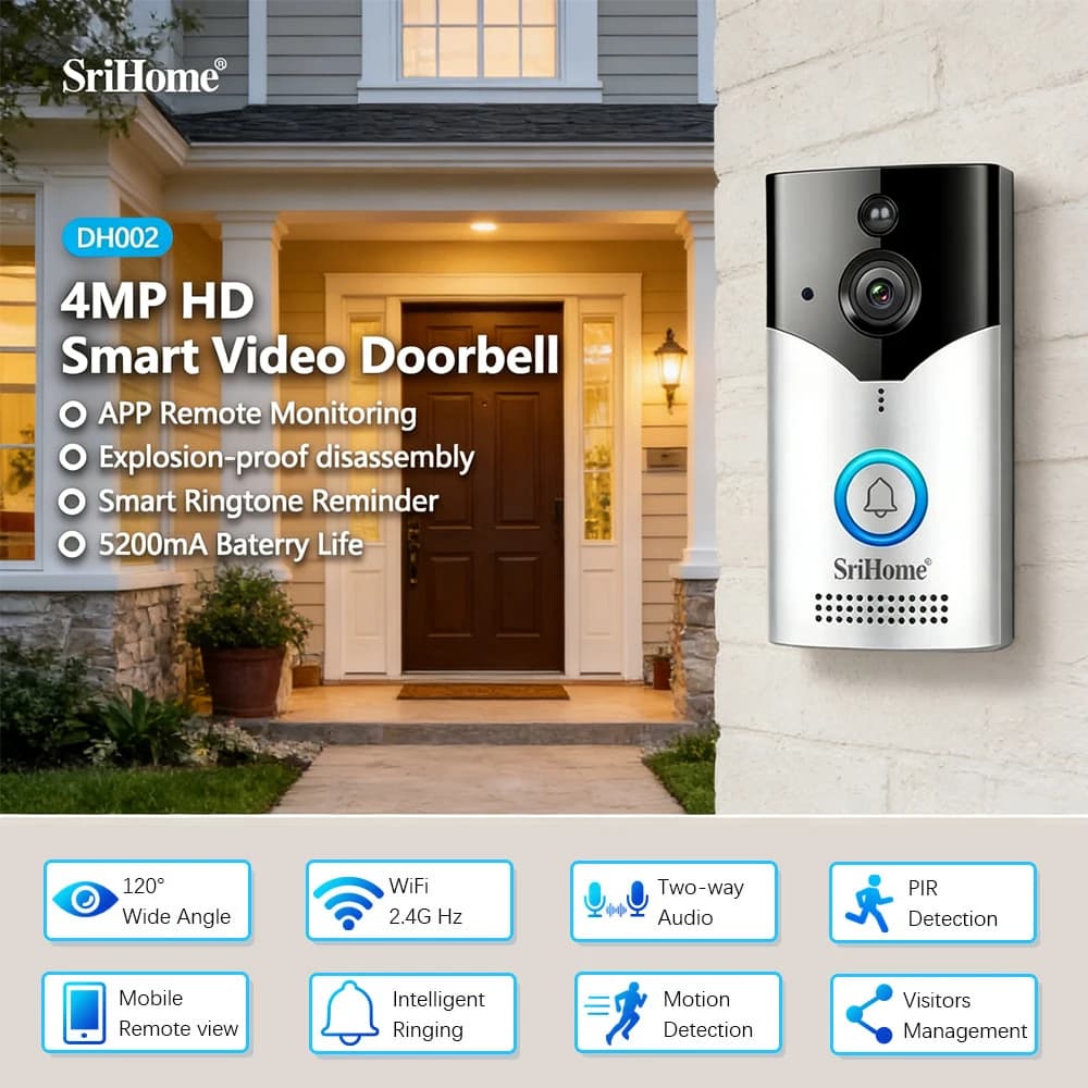 Srihome 4MP 1440P Telecamera IP WIFI a Basso Consumo per Sorveglianza Domestica con Interfono Vocale in Tempo Reale Facile da Installare Senza Cablaggio DH002