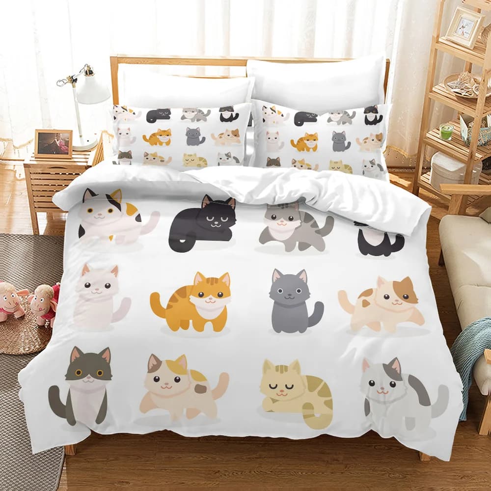 Cartoon Cat King Full Queen Copripiumino Lovely Pet Kitty Set di biancheria da letto Copripiumino per animali 2/3 pezzi Copripiumino in poliestere viola