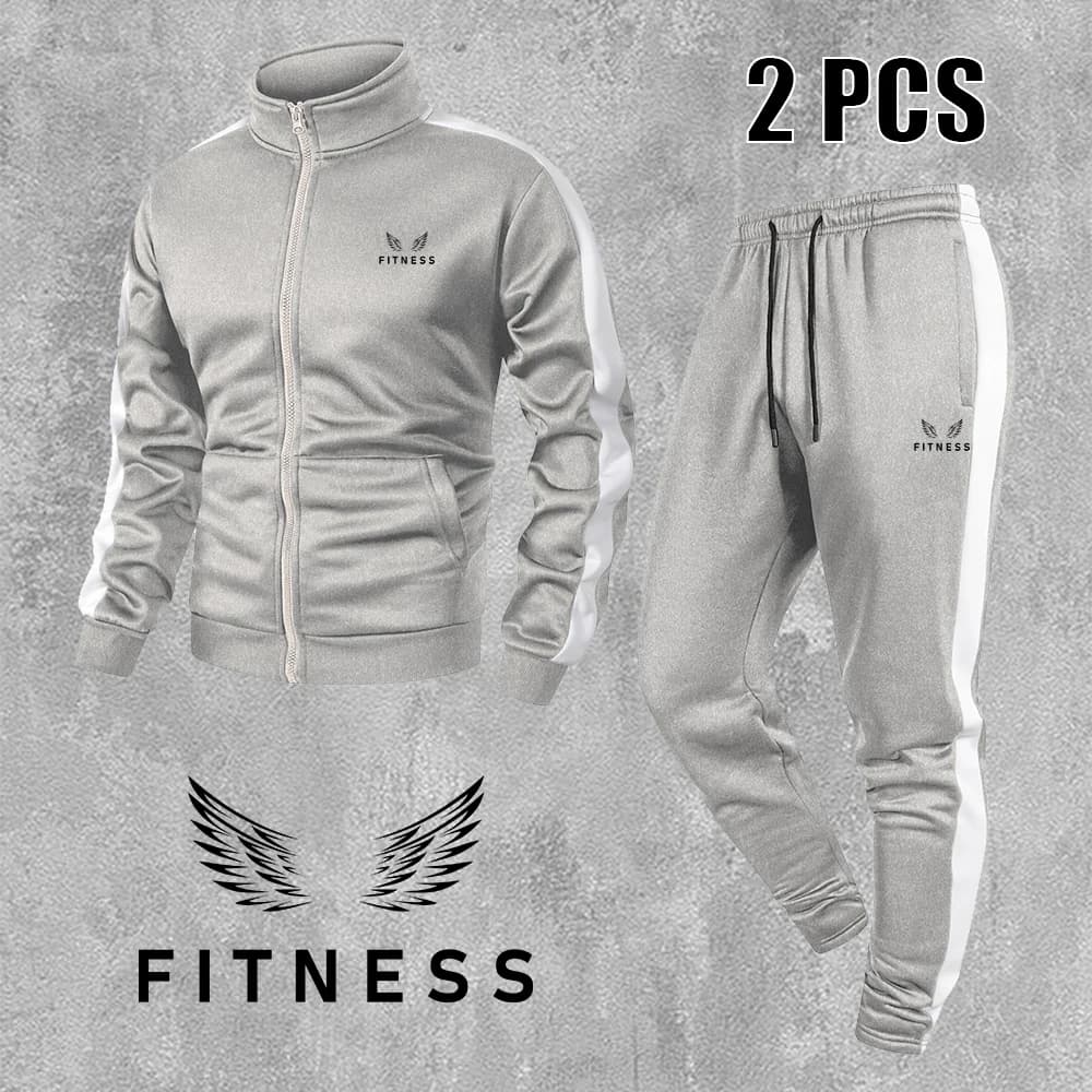 Men's Wings And Word Print Tracksuit Zippered Stand Collar Jacket With Drawstring Trousers For Daily Casual Fitness Training