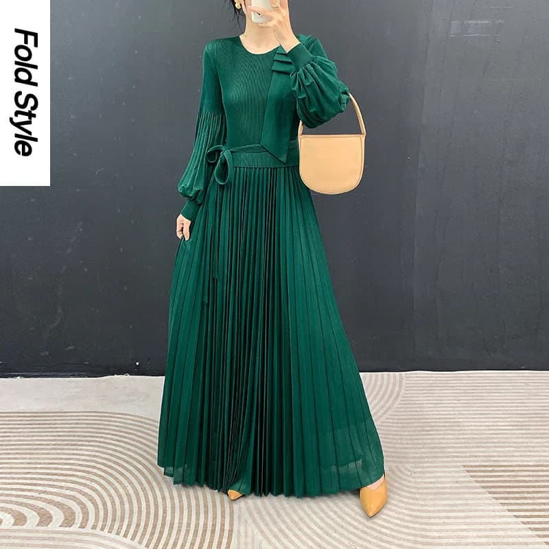 Miyake Pleated Dress Autumn New Elegant Temperament 2026 Summer New Long-sleeved Pendulum Medium and Long Dress
