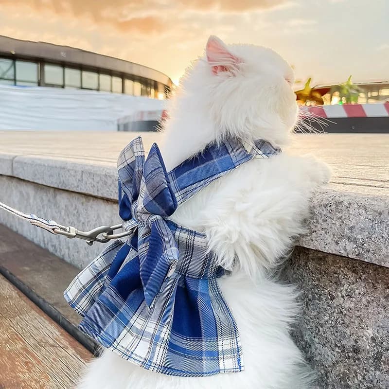 Arco Cucciolo di Gatto Abiti Estivi Vestiti Per Animali Domestici Moda Plaid JK Vestito Con Guinzaglio Set per Cani di Piccola Taglia Gatti Gattino Abbigliamento ropa gato