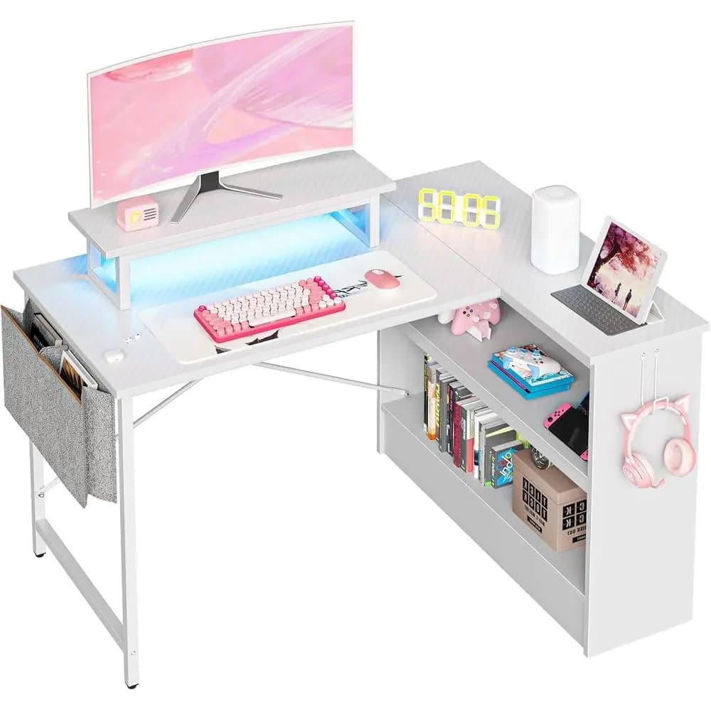 L Shaped Gaming Desk with LED Lights, 42 Inch Computer Desk with Monitor Stand & Open Storage Cabinet,Writing Study Desk or Home