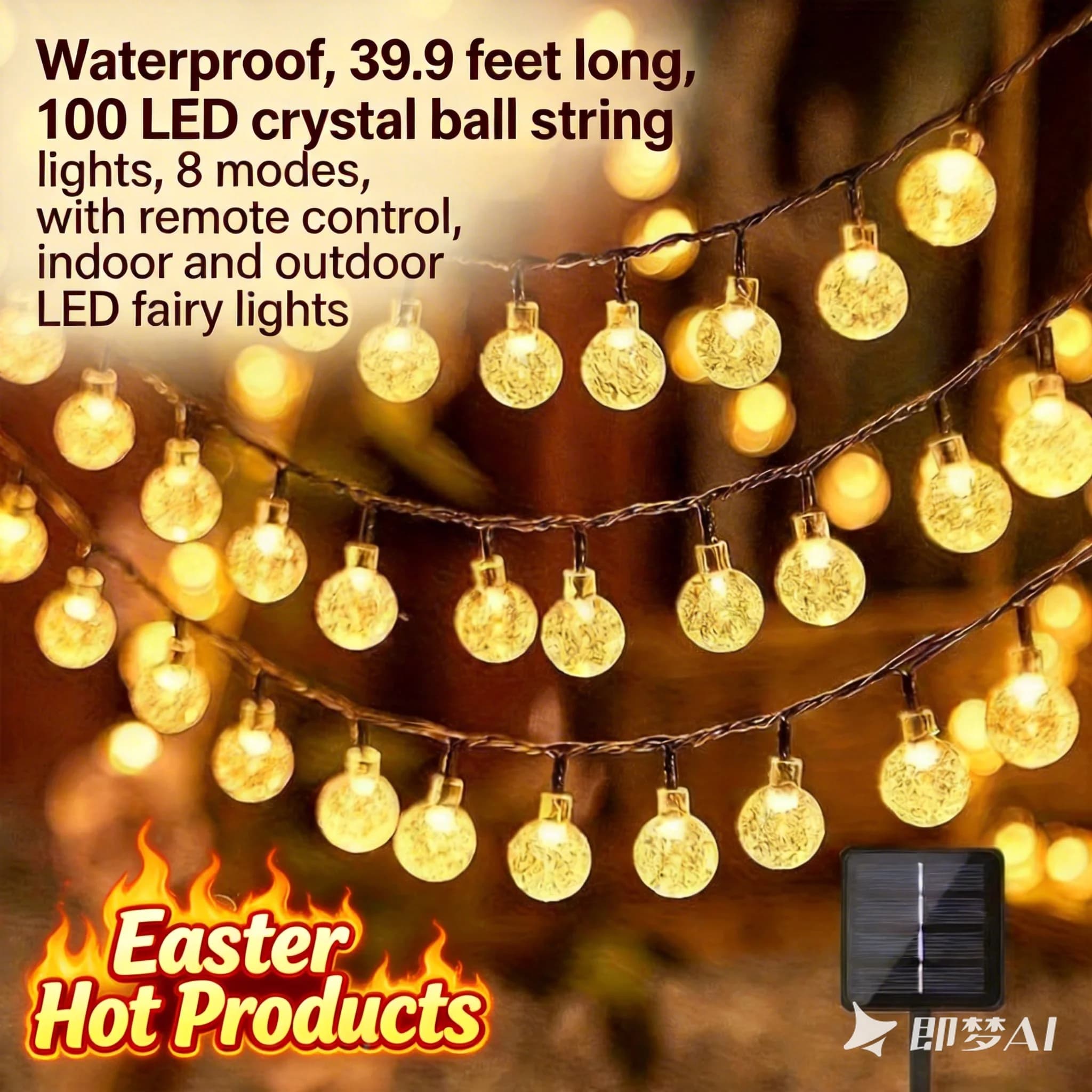 Luci a stringa sferiche alimentate a batteria, impermeabili, lunghe 39,3 piedi (circa 12 m), 100 luci a stringa a sfera di cristallo a LED, 8 modalità, con telecomando, luci fatate a LED per interni ed esterni, adatte per la casa, Natale, feste, giardino, luce bianca calda