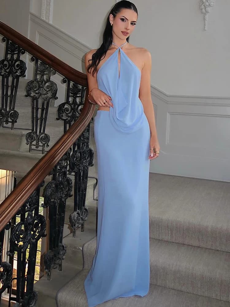 Sisterlinda Vacation New 2 Piece Set Hipster Solid Swinging Pleated Sexy Backless Tops+Straight Maxi Skirts Female Simple Outfit