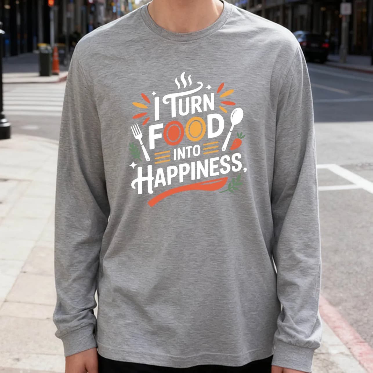 Men's Long Sleeved T-shirt I Turn Food in Happiness 180g 100% cotton casual printed crew neck to wear every day soft and breathable