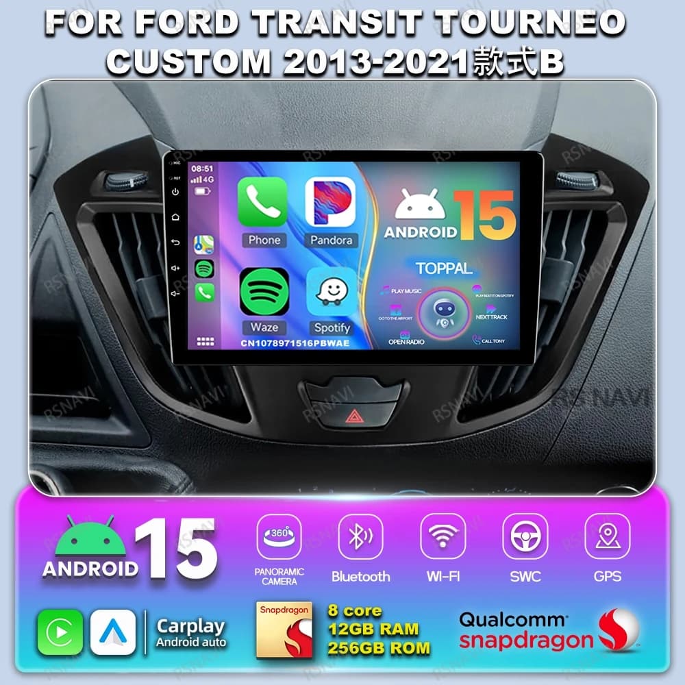 Android 15 Car Radio For Ford Transit Tourneo Custom 2013-2021 Stereo Head Unit Qualcomm 5G WIFI Viedo Player DSP DVD Multimedia
