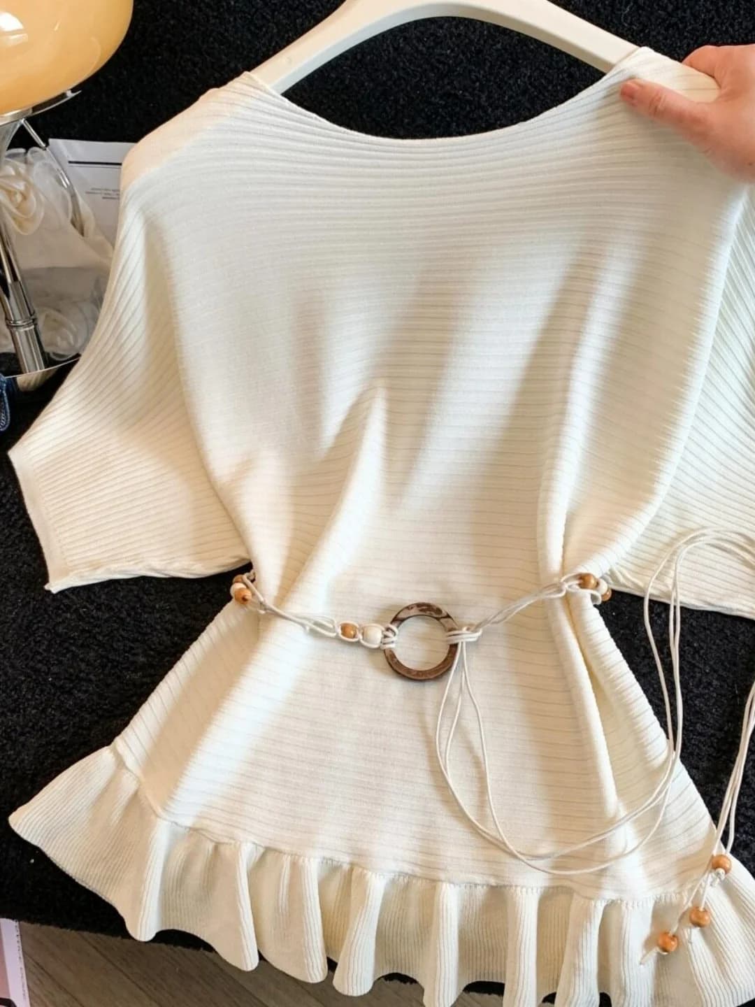 Women's Batwing Sleeve Knitted Top Shoulder Bared Waist Cinched Slim Fit Summer New Style with Belt Flounce Hem Casual Soft