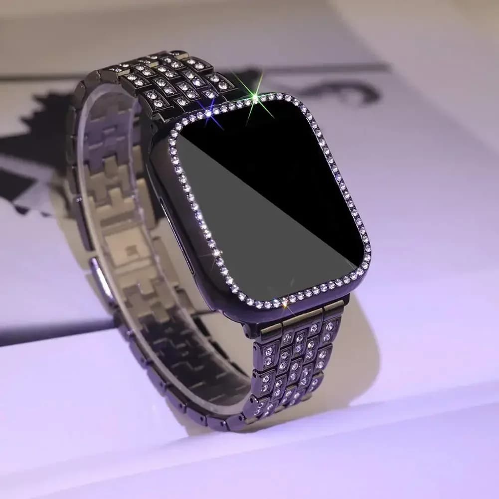 Cinturino con diamanti + custodia per cinturino Apple Watch 40mm 44mm 41mm 45mm 42mm 46mm Gioielli da donna Bracciale in metallo Bling iWatch SE 5 6 7 8 9 10